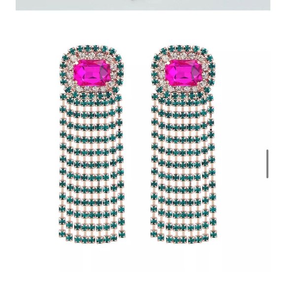 Fuchsia earrings large pink & green fringe long emerald crystal dark green - Picture 9 of 10